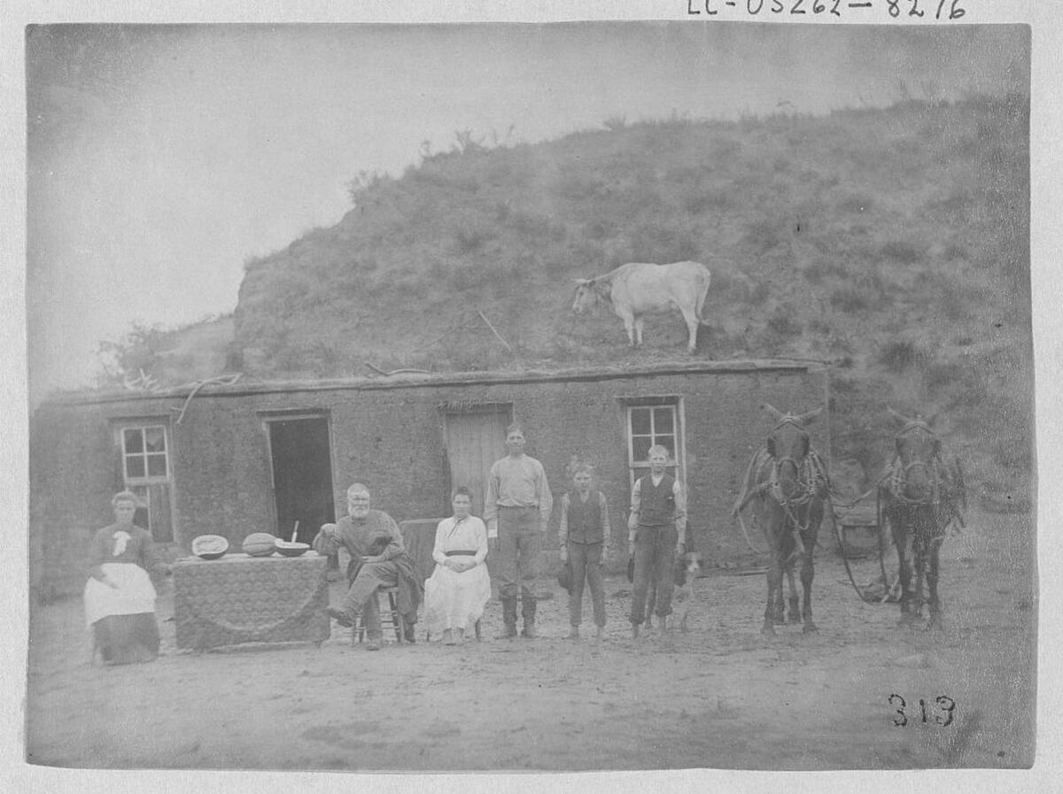 The Sylvester Rawding family in front of their sod house, north of Sargent, Custer County, Nebraska, 1886.
