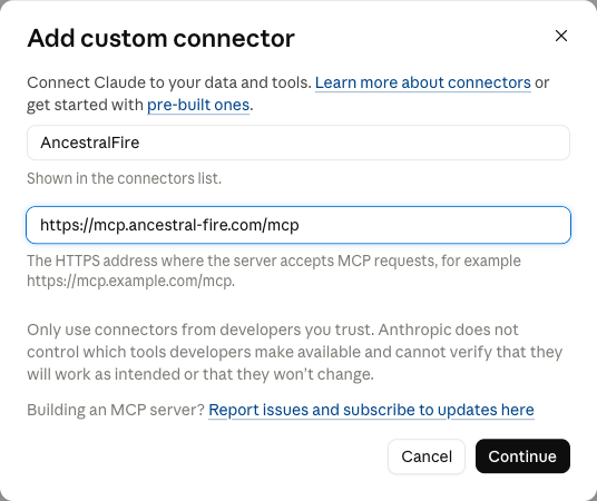 Claude's Add custom connector box: a Name field holding AncestralFire and an address field holding https://mcp.ancestral-fire.com/mcp, with Cancel and Continue.