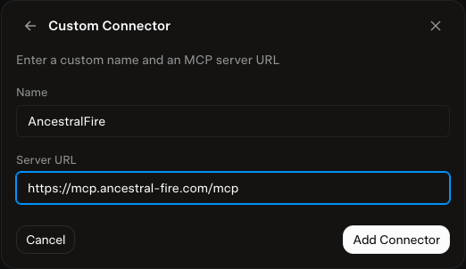 Grok's Custom Connector form: Enter a custom name and an MCP server URL, a Name field and a Server URL field, with Cancel and Add Connector.