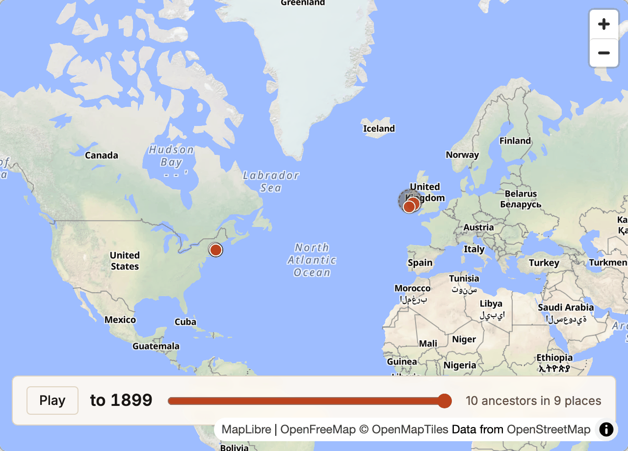 An ancestor map of John F. Kennedy’s family: ten ancestors placed where they were born, from Ireland in the 1790s to Boston in the 1890s, with a slider running to 1899.