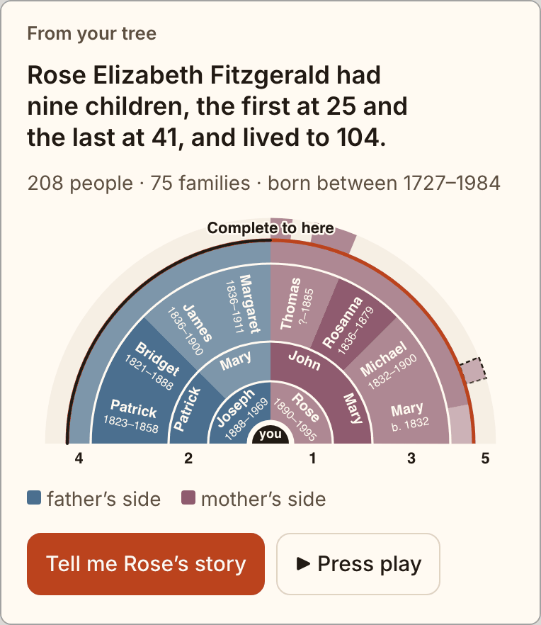 A primeira página do arquivo da família Kennedy: Rose Elizabeth Fitzgerald teve nove filhos, o primeiro aos 25 anos e o último aos 41, e viveu até os 104. 208 pessoas, 75 famílias, nascidas entre 1727 e 1984, e o leque de antepassados de John F. Kennedy, completo até a quarta geração, com Conte-me a história da Rose e Reproduzir.