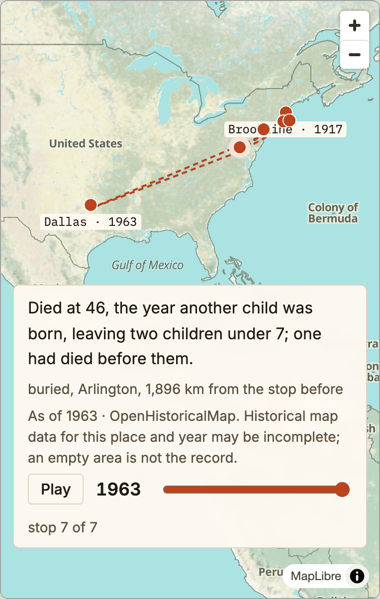 A life on the map: John F. Kennedy's seven stops from Brookline, Massachusetts in 1917 to Dallas in 1963, on a map with a slider through the years.