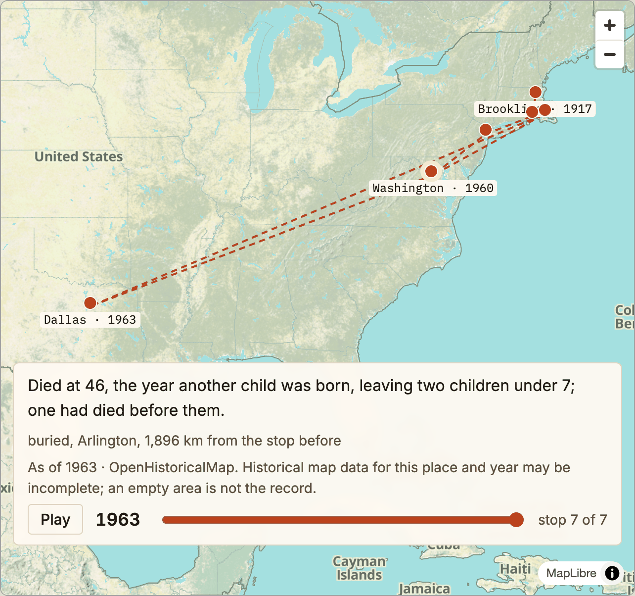 A vida de John F. Kennedy em um mapa: sete paradas, de Brookline, Massachusetts, em 1917, até Dallas, em 1963, em um mapa com um controle deslizante pelos anos.