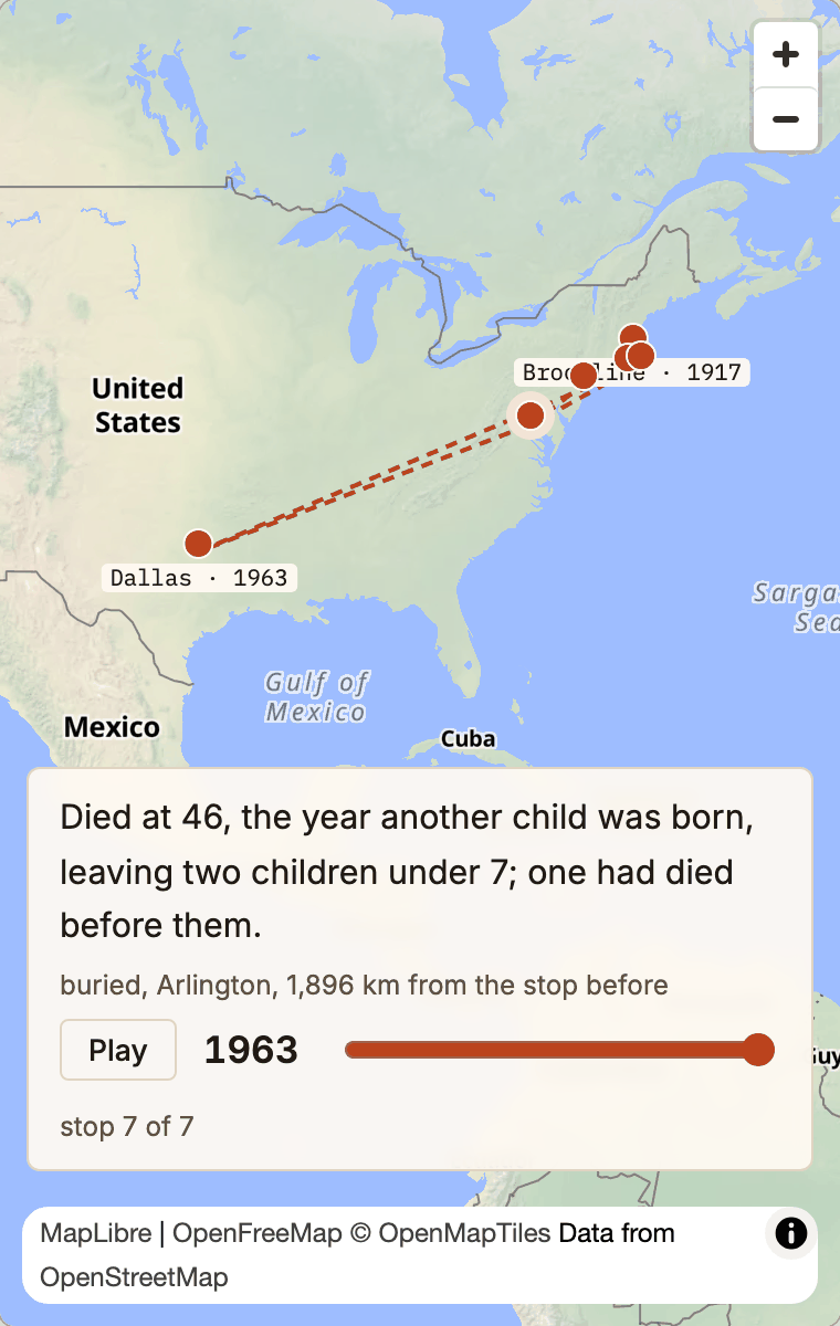 A life on the map: John F. Kennedy's seven stops from Brookline in 1917 to Dallas in 1963, on a real map.
