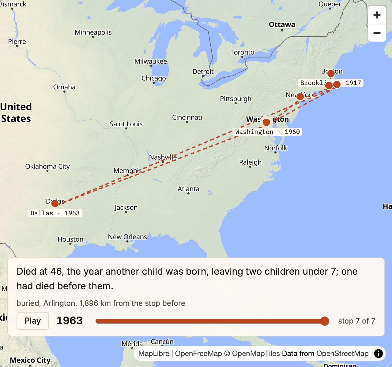 John F. Kennedy's life on a map: seven stops from Brookline, Massachusetts in 1917 to Dallas and his burial at Arlington in 1963, each with its year.